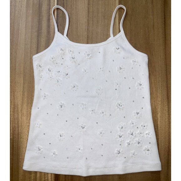 A New Day Womens White Floral Embellished Ribbed Tank Top With Spaghetti Straps - Picture 12 of 15